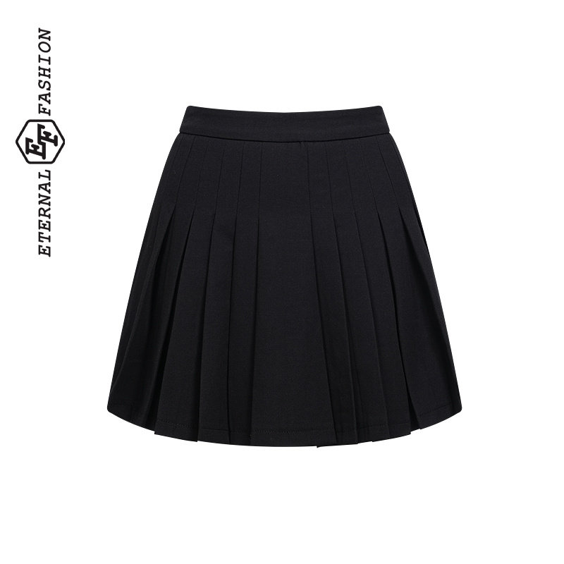 EF学院风休闲通勤黑色百褶裙夏季新款美式高腰复古a字半身裙