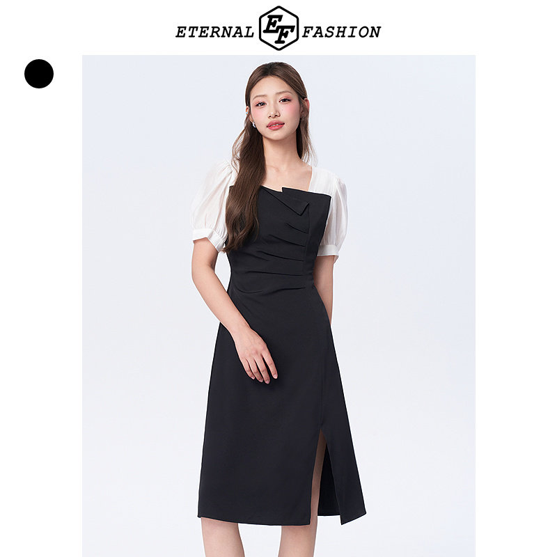 EF法式假两件撞色拼接连衣裙夏季新款气质通勤收腰开衩小黑裙