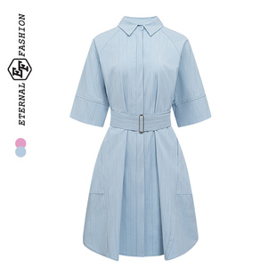 EF通勤职场气质衬衫裙夏季新款松弛感宽松绑带翻领连衣裙女