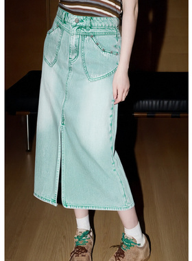 EF复古简约高腰时尚包臀裙2026春季新款开叉设计显瘦牛仔半身裙