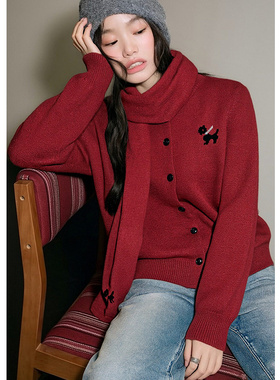 EF【商场同款】2026春季新款通勤绵羊毛100%针织衫围巾配饰开衫女