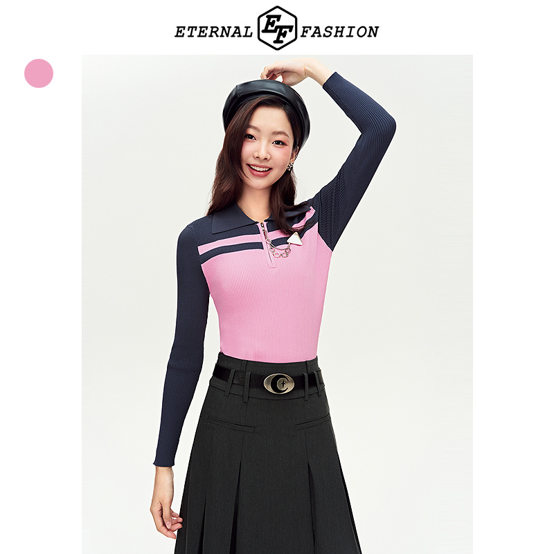 撞色翻领长袖针织衫