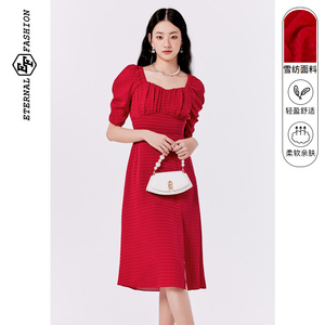 EF时尚收腰显瘦中长裙复古方领泡泡袖红色连衣裙女夏季