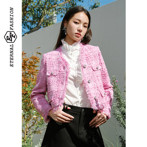 珍珠扣小香风V领上衣女
