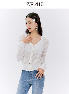 2023春季新女款简约百搭纯色法式纯色提花针织开衫