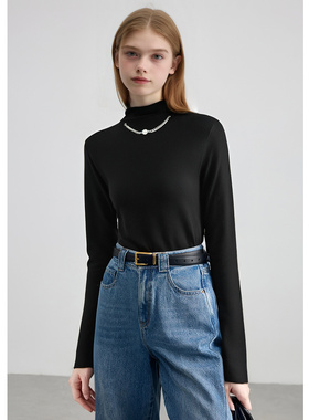 EF链条半高领侧边条纹针织衫2025冬季新款修身显瘦长袖打底衫