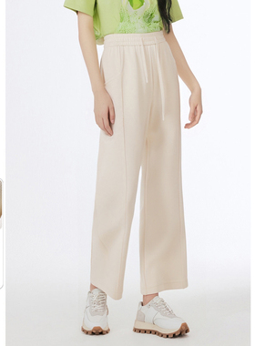 EF2025春夏新款高腰松紧休闲长裤宽松阔腿裤直筒拖地卫裤女米白色