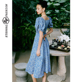 新款 收腰碎花连衣裙 方领泡泡袖 中长裙2025夏季 清雅婉约 法式