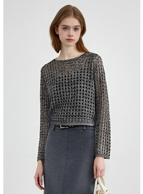 EF【商场同款】宽松复古时尚镂空百搭套衫2025秋冬短款时尚针织衫