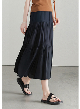 EF经典气质褶皱设计高腰半身裙2025秋季新款百搭纯色A字中长裙