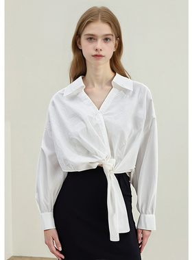 EF白色V领系带长袖衬衫2025秋季新款上衣通勤百搭气质短款小衫