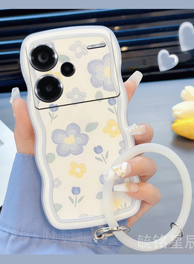 新款蓝色花朵ins风适用小米redmi红米Note14手机壳14Pro波浪边13Pro+透明十硅胶手腕带防摔创意郁金香小众por