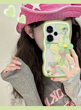 新款绿色油画花朵适用小米redmi红米Note14手机壳14Pro夏日13Pro+小清新十手腕带防摔透明硅胶的超薄全包网红