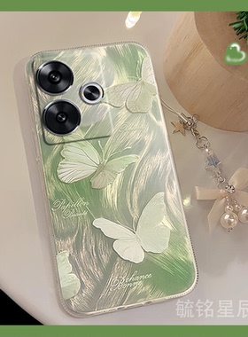 新款2024夏天绿色蝴蝶适用小米redmi红米Turbo3手机壳Note9Pro透明Note8硅胶的7链条5挂件4X小众高级感羽纱p