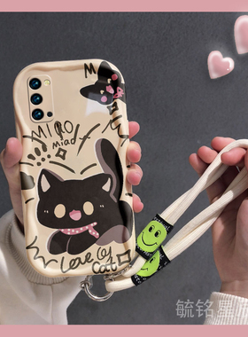 新款卡通黑色猫咪适用OPPOReno4Pro手机壳Reno4SE奶油纹Reno3元气版2全包2Z防摔Z带挂绳的不撞壳小众创意情侣