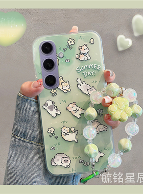 适用三星s25手机壳s10新款s24+绿色a70躺平猫咪note20ultra可爱a70s小狗a71透明的a55硅胶c9pro手链腕带挂绳