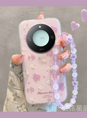 适用华为荣耀x60i+手机壳x60紫色x50i十x40gt竞速版x30max小花朵x20se带挂绳的x10腕带女小众高级感新款全包