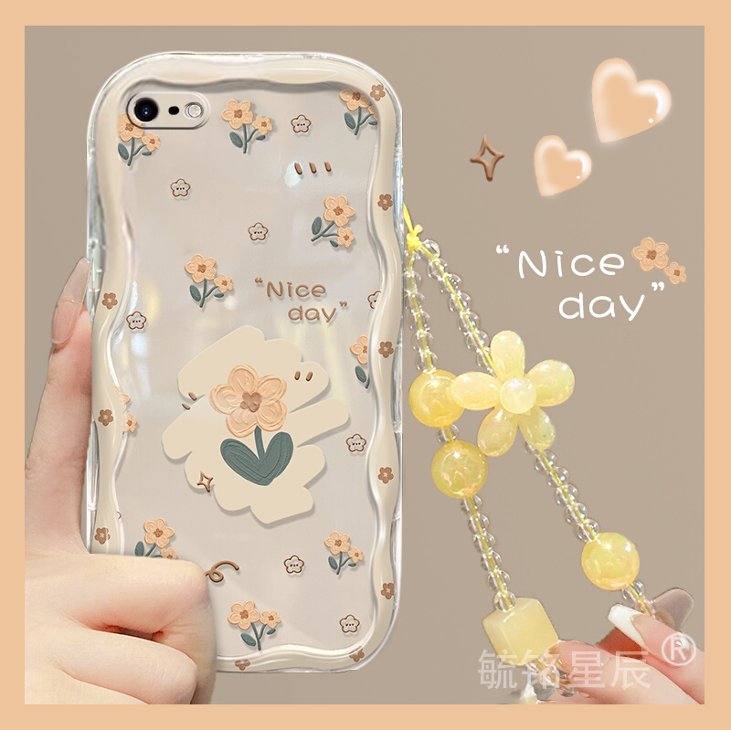 新款黄色小碎花朵适用苹果8Plus手机壳iPhone7Plus防摔se3透明se2硅胶的6二代6s链挂绳6plus三代6sPlus女防摔