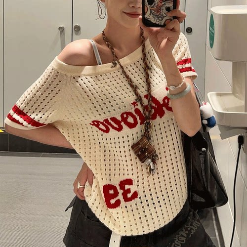 韩系港风拼色镂空减龄针织上衣女
