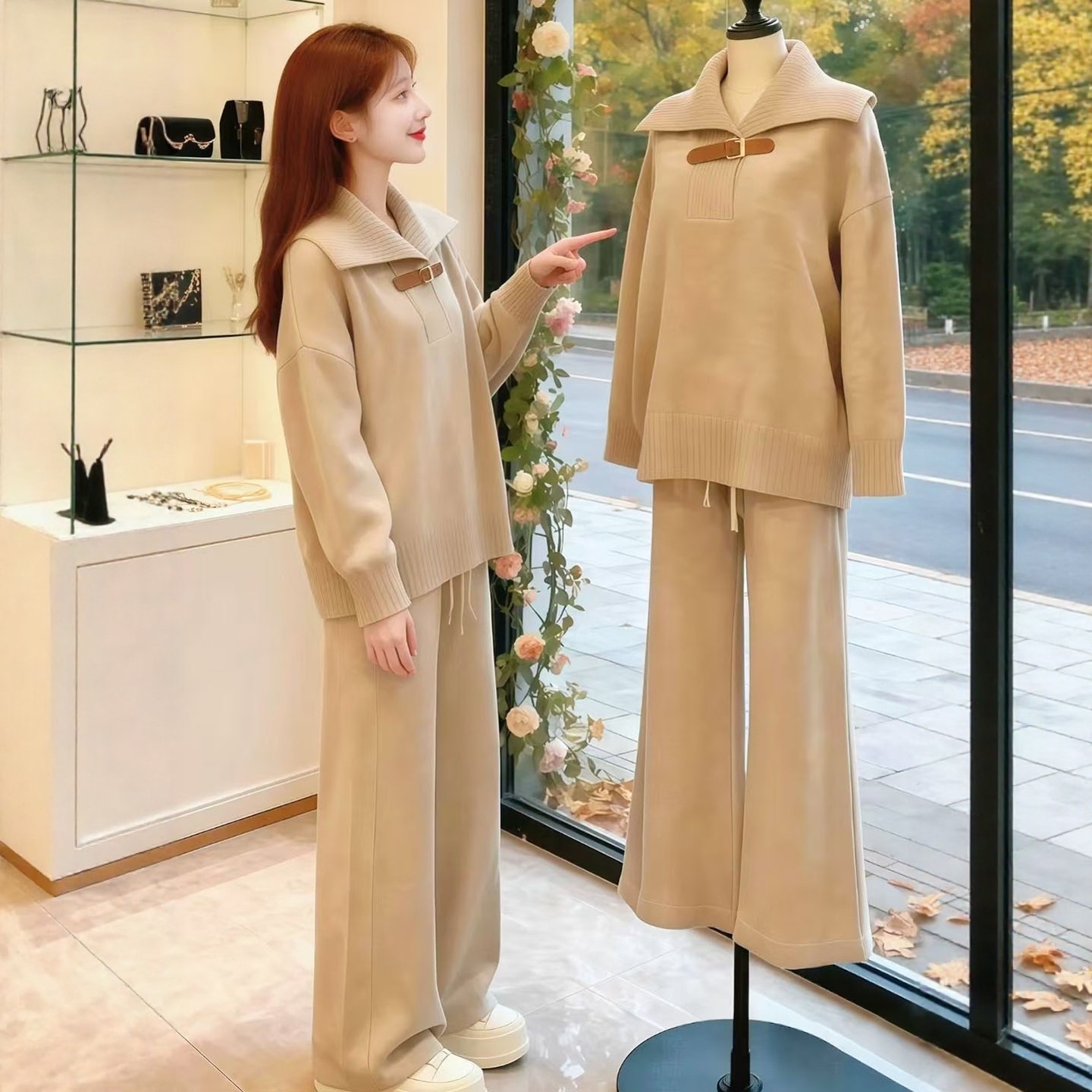 学院风翻领松弛感穿搭保暖针织衫