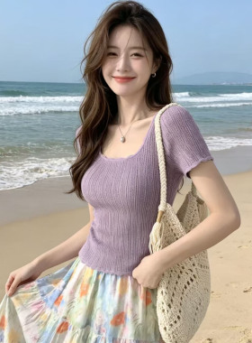 法式方领木耳边针织女短袖修身显瘦夏季新款减龄洋气时尚冰丝上衣