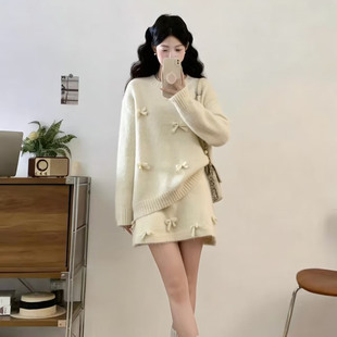 甜美风立体蝴蝶结针织毛衣两件套秋冬新款 裙潮 松弛感穿搭宽松套装