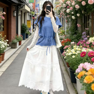 韩系温柔风甜美针织马甲半身裙套装 抽绳叠穿减龄坎肩上衣 早春新款