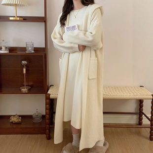 连帽高级感气质宽松软糯针织开衫 大衣外套 早秋新款 慵懒风加厚长款