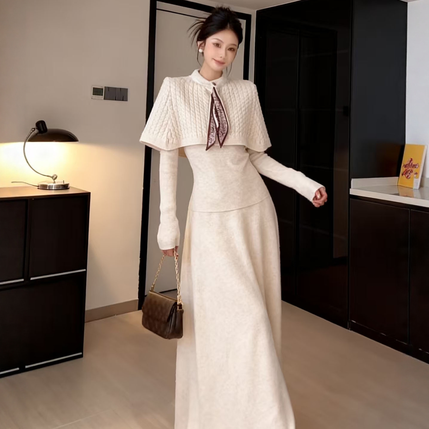 温柔风御姐范拼接设计感针织套装