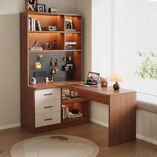 实木书桌书柜学生家用一体转角学习桌卧室洞洞板组合多功能电脑桌