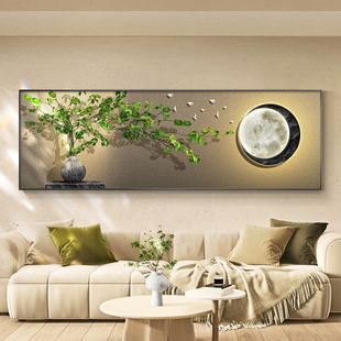 高级感绿植客厅装饰画侘寂风横版大幅禅意茶室挂画沙发背景墙壁画