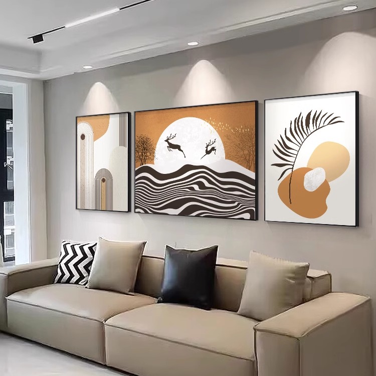 现代简约福鹿客厅装饰画三联组合沙发背景墙挂画抽象橙色线条壁画图片