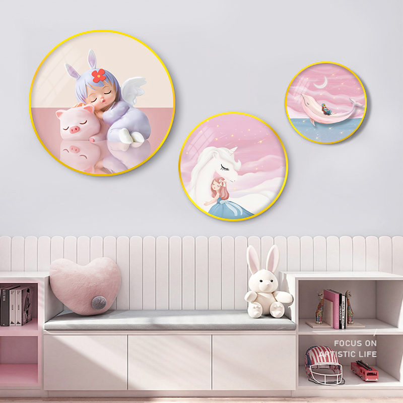 女孩卧室装饰画儿童圆形组合壁画公主房海豚女孩房间墙面挂画壁画图片