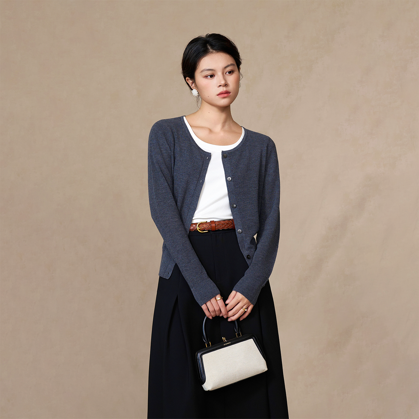 圆领针织开衫羊毛混纺外套