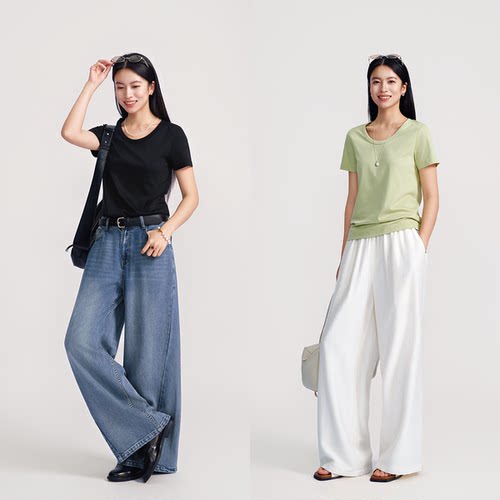 莫代尔长绒棉正肩窄身显瘦T恤 顺滑桑蚕丝 罗纹大圆领女款短袖2色