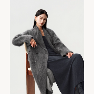 美利奴绵羊毛拉绒中长款大衣 优雅翻领 水洗拉绒处理 宾霸里衬