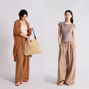 复古色织细条纹亚麻阔腿裤 舒适全松紧腰 柔和色调 松弛感长裤2色