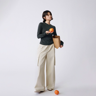 T恤 柔软亲肤 正肩修身 圆弧形下摆 2色 显瘦 莱赛尔圆领抽褶长袖