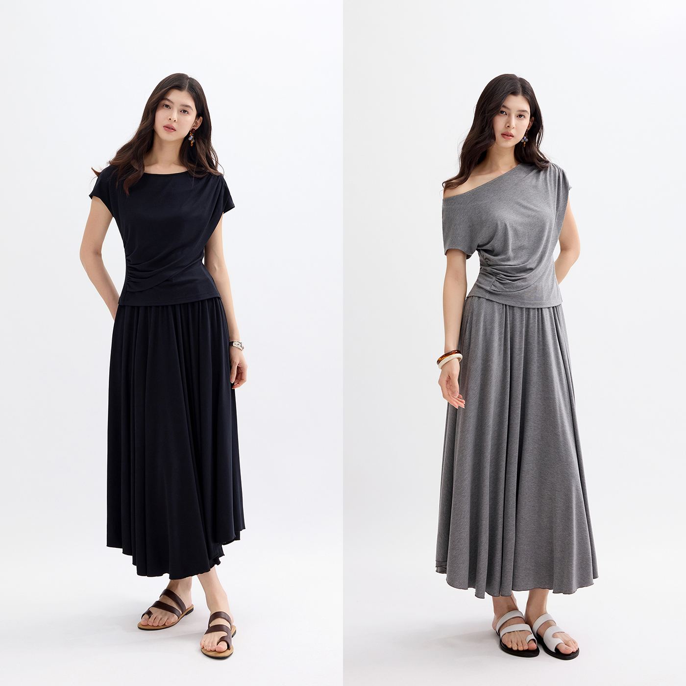 雕塑感抽褶短袖/半裙套装