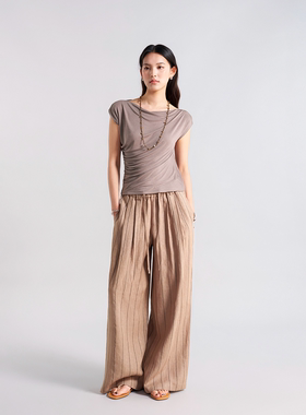 天丝一字领斜肩高弹T恤 桑蚕丝醋酸混纺 立体收腰捏褶 多穿领型