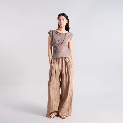 天丝一字领斜肩高弹T恤 桑蚕丝醋酸混纺 立体收腰捏褶 多穿领型