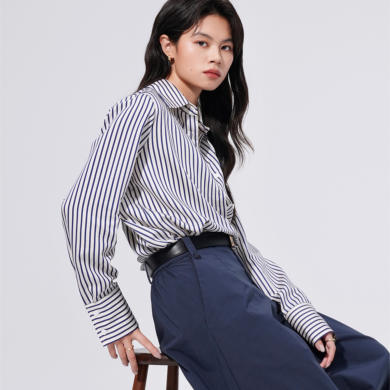 夏日色织条纹衬衫天丝混纺长袖