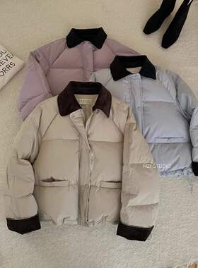 韩女撞色翻领灯芯绒蓝紫色氛围感冬季外套白高克重面服