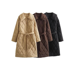 冬季新款女装欧美风百搭腰带装饰菱形格长款棉服风衣