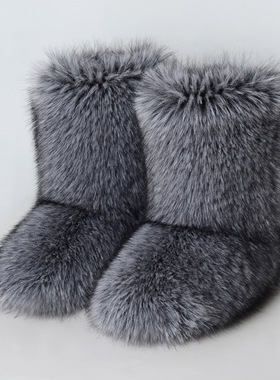 跨境冬天仿貉子毛仿狐狸毛y2k雪地靴中筒靴女士冬季皮草毛毛靴子
