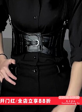 痞男装禁欲系黑色衬衫腰封男长袖上衣健身博主痞帅修身显瘦衬衣