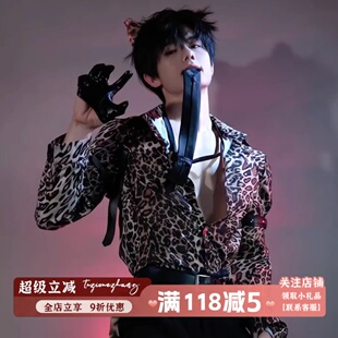 男生黑色豹纹衬衫 禁欲系宽松潮流衬衣男模特主播宽松欧美帅气外套