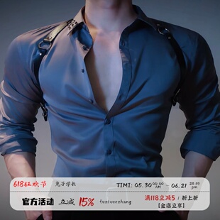痞男装禁欲系深灰色缎面衬衫男长袖上衣健身博主痞帅修身显瘦衬衣