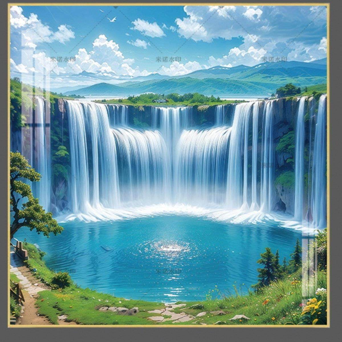 客厅沙发水晶瓷背景墙方形流水卧室风景挂画聚宝盆瀑布山水画床边,家居饰品,现代装饰画,淘宝优惠券,粉丝福利购,淘宝优惠卷