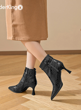 蜘蛛王女鞋2025秋季新款气质尖头百搭通勤短靴法式细跟高跟时装靴